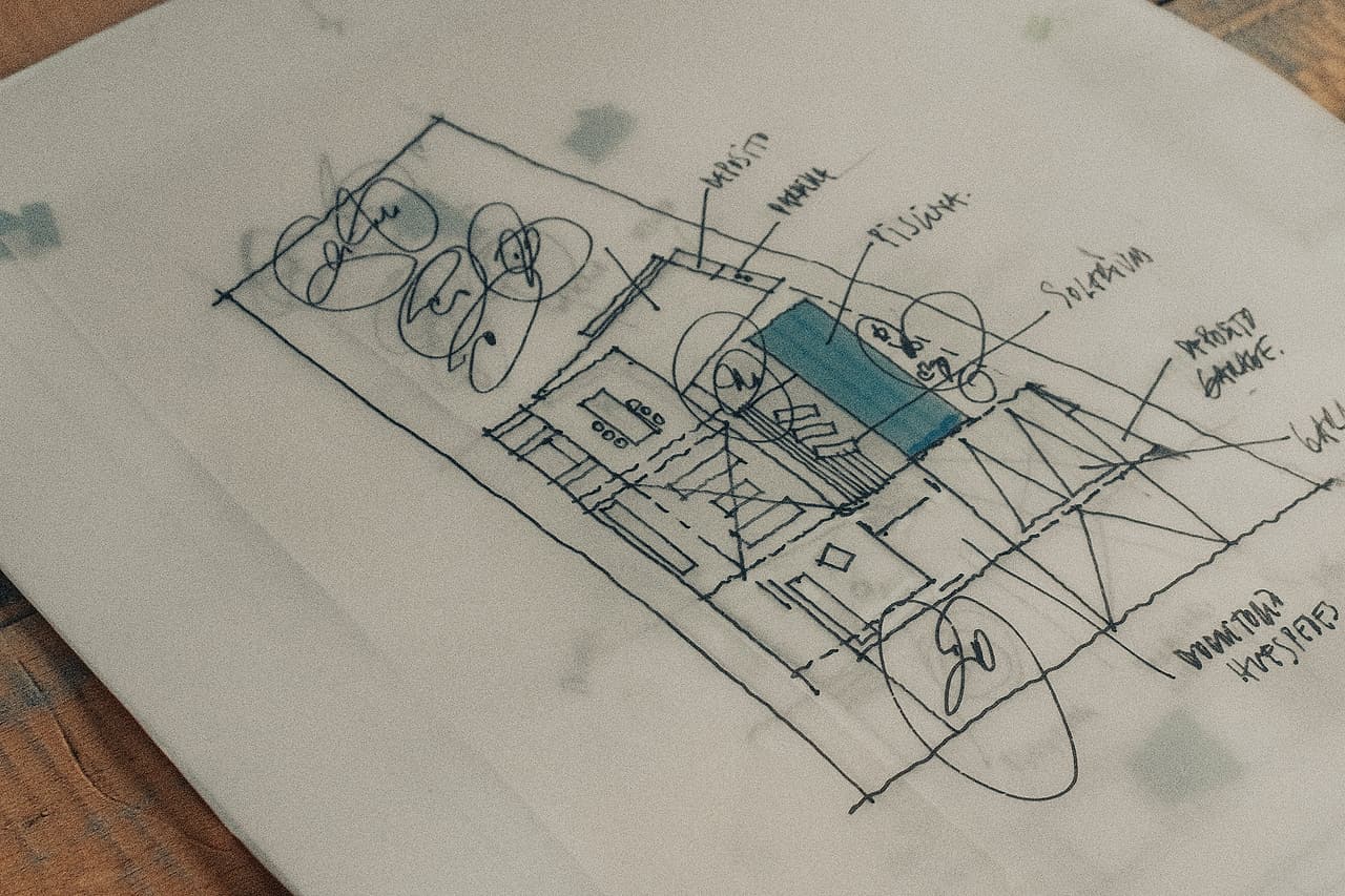A hand-sketched floor plan lies on a wooden table.