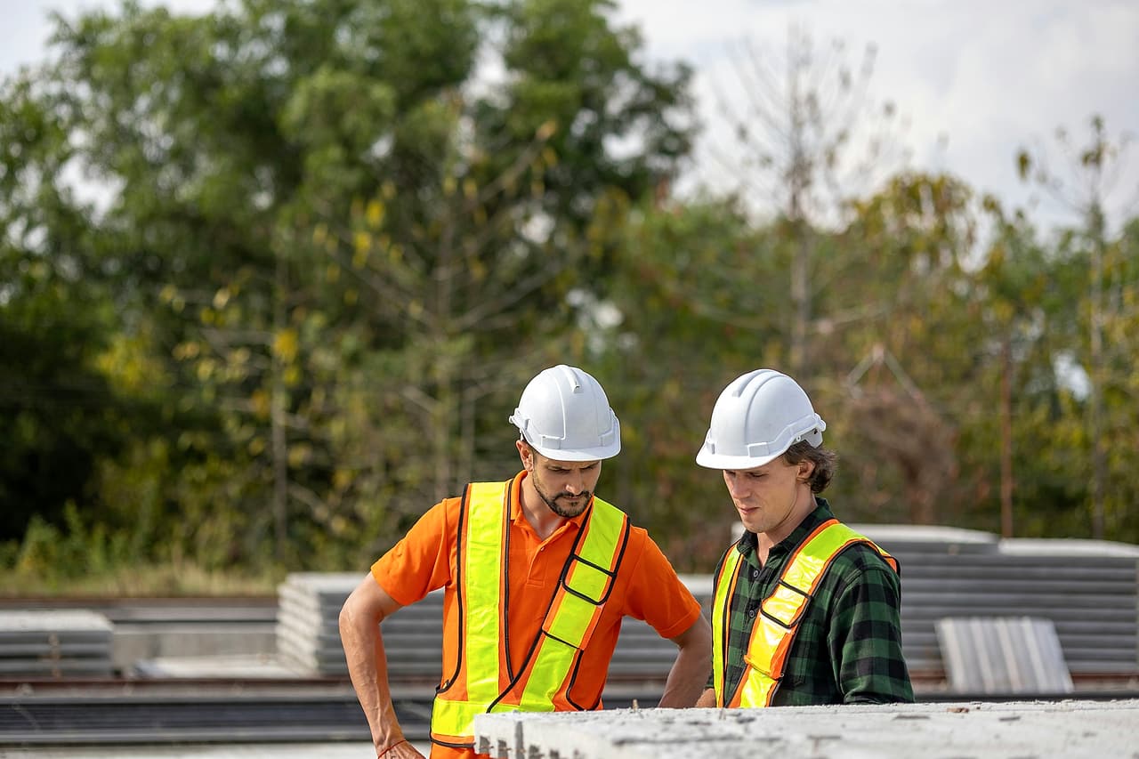 Two colleagues in hard hats and high-visibility clothing discuss work at ground level.