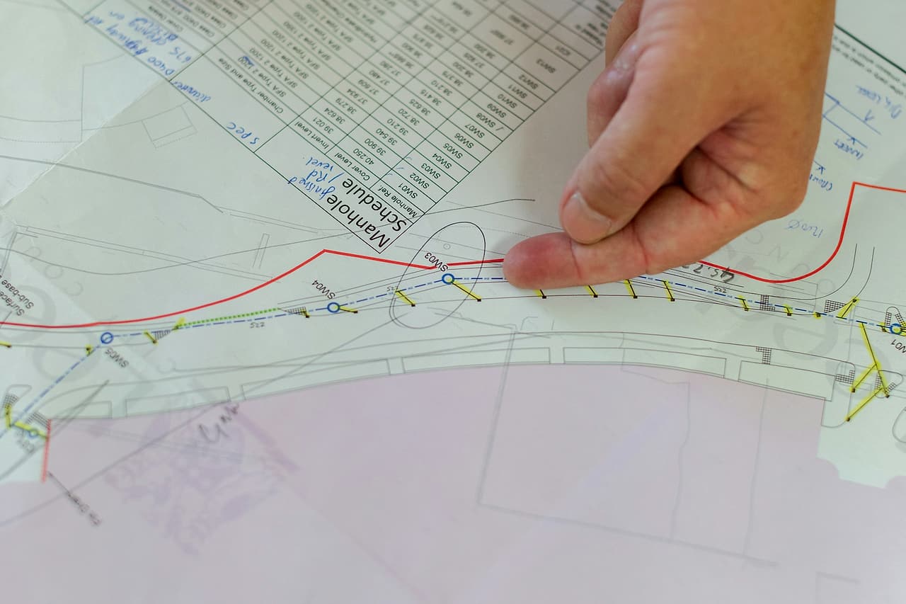 A finger points to one manhole on a civil drawing next to its schedule, with handwritten notes in the margin.