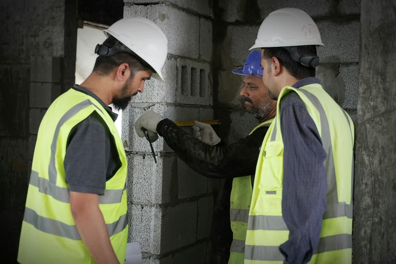 Three workers in hard hats and high-visibility vests check a block wall with a tape measure.
