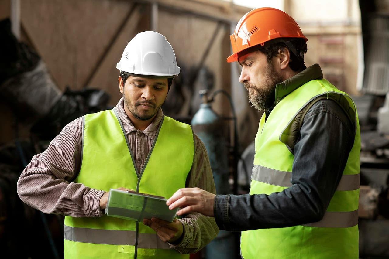 Two men in hard hats and high-visibility vests go over a document together in a fabrication shop.