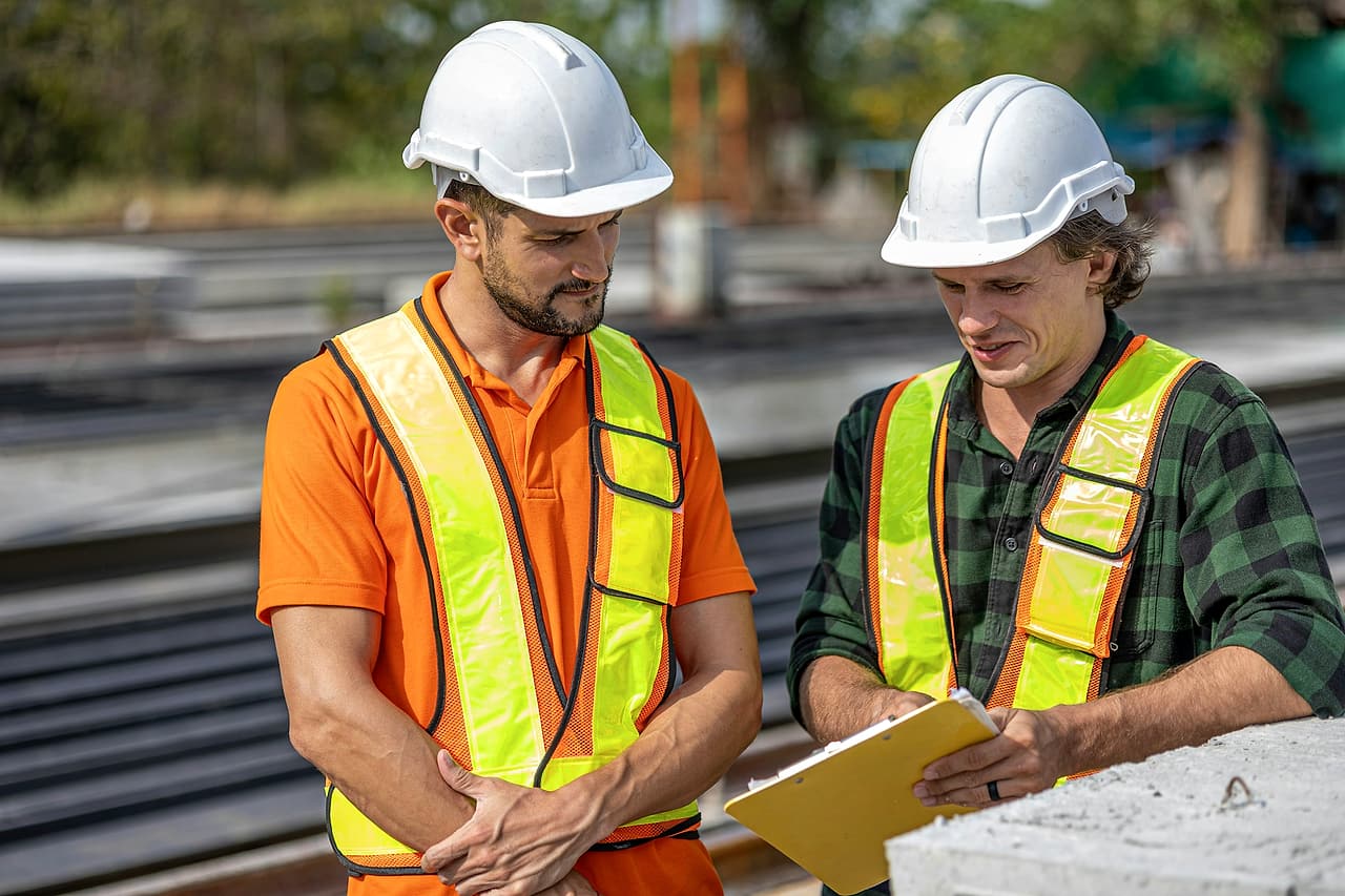 Two workers in white hard hats and high-visibility vests look over a yellow clipboard together outdoors.