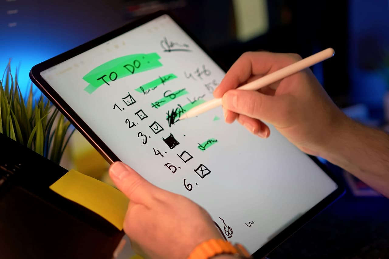 A hand with a stylus works through a numbered to-do list on a tablet, several items already ticked and struck through.