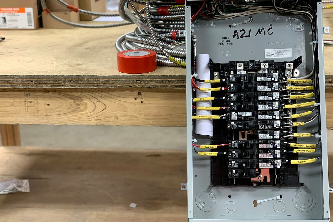 A prefabricated electrical panel with labelled wires and rows of breakers rests beside a timber workbench.