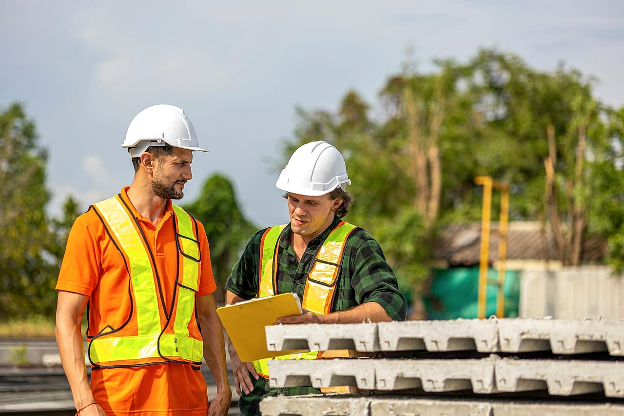 Two workers in white hard hats and high-visibility vests talk over a clipboard beside stacked precast concrete slabs.
