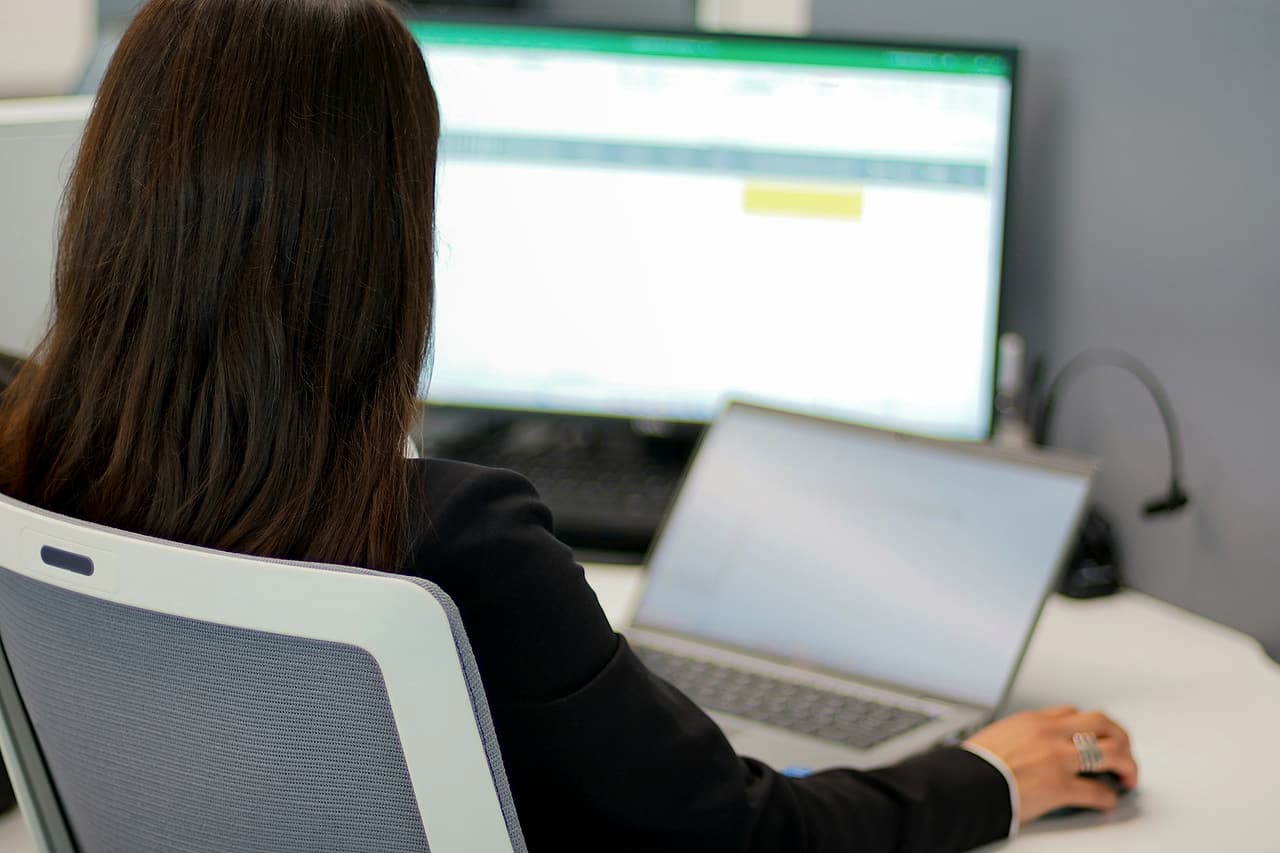 A person works at two computer screens seen from behind.