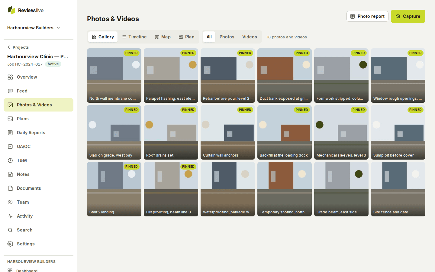 The Photos & Videos page of a project on a desktop: a grid of site photographs with the project's tools listed on the left.