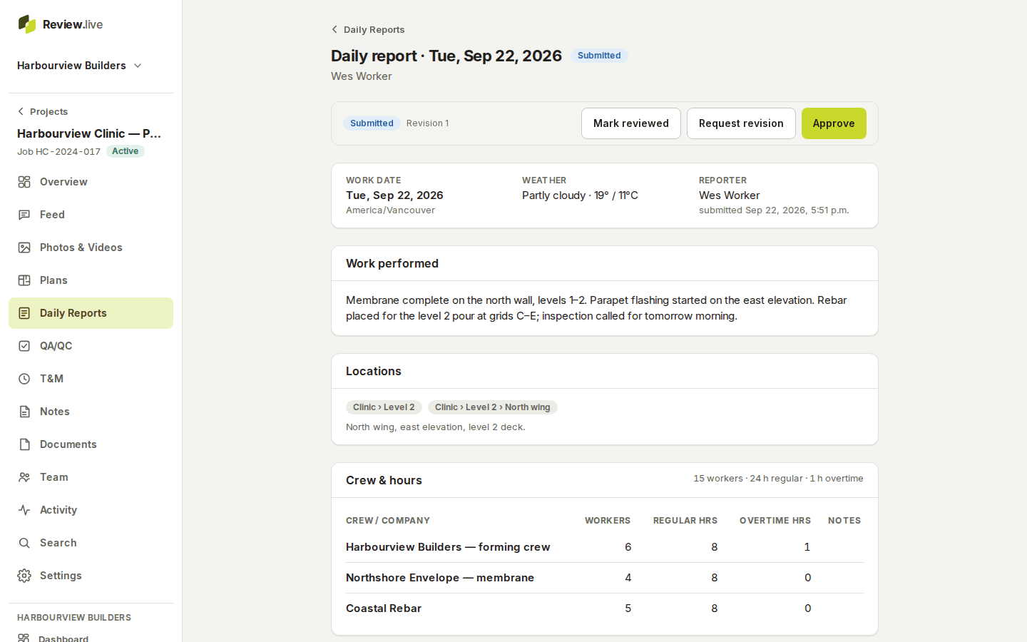 A submitted daily report on a desktop with the review actions, the work performed, locations and the crew table.