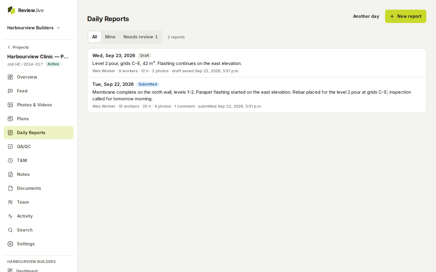 The Daily Reports list on a desktop: All, Mine and Needs review tabs, a draft report for today and a submitted one for yesterday with their crew counts, photo counts and comment counts.