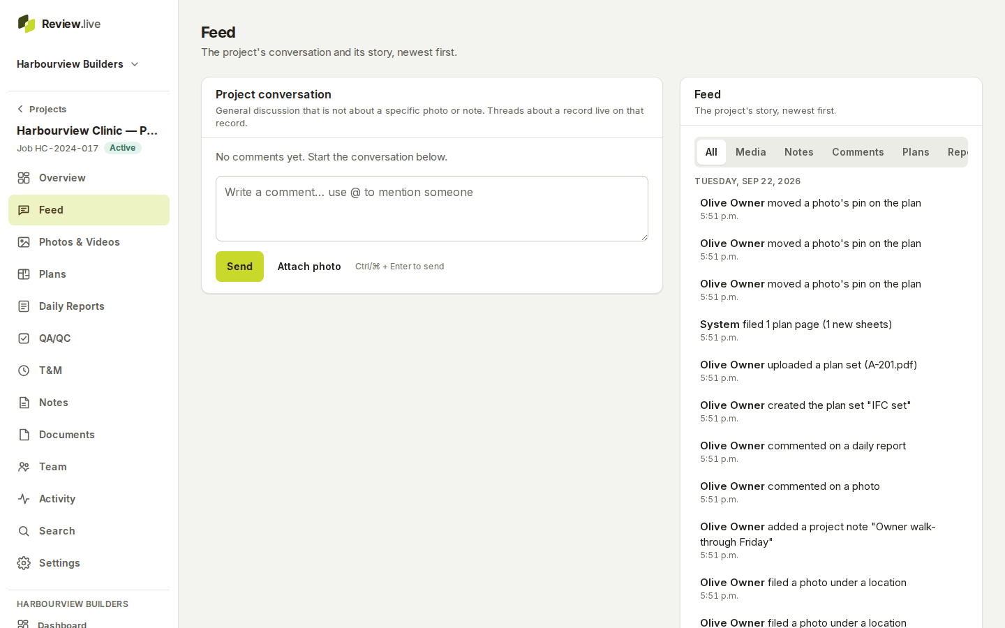 A project's feed on a desktop: the conversation on the left and the day's events on the right.