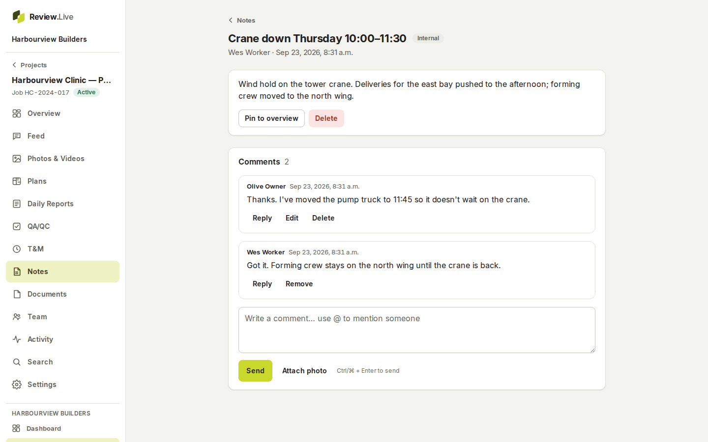A note's page on a desktop: 'Crane down Thursday 10:00–11:30' with its author and time, the Pin to overview button, two comments with Reply buttons, and the box for the next comment, which says use @ to mention someone.