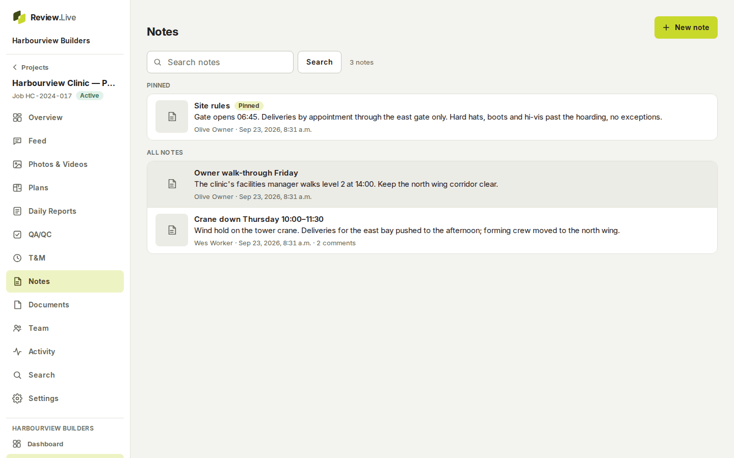 The Notes page of a project on a desktop: a search field, the pinned 'Site rules' note at the top, then two more notes with their authors, times and comment count.