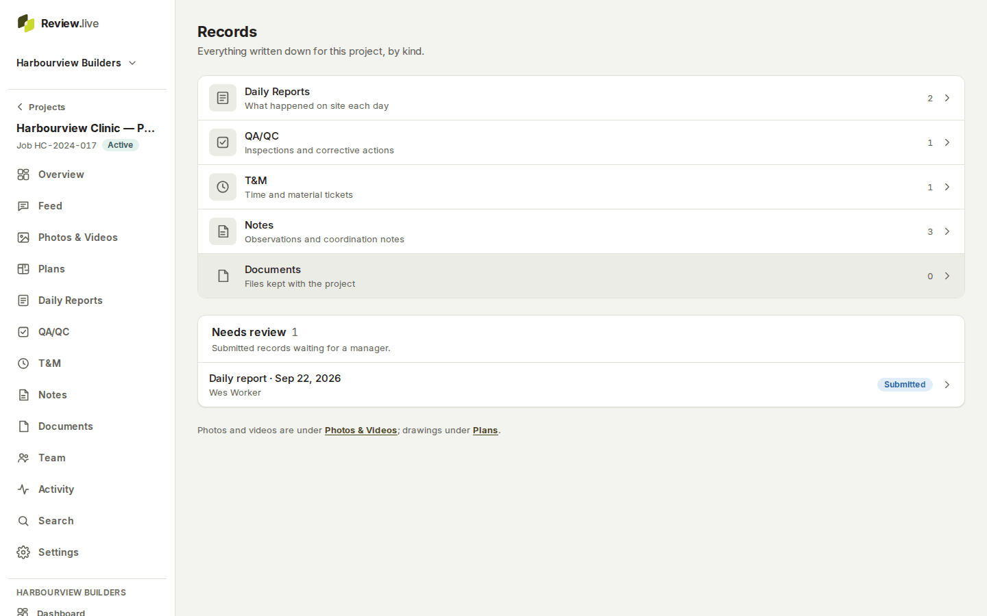 The Records hub of a project on a desktop, with the Project report, Export and Close out buttons on the overview.
