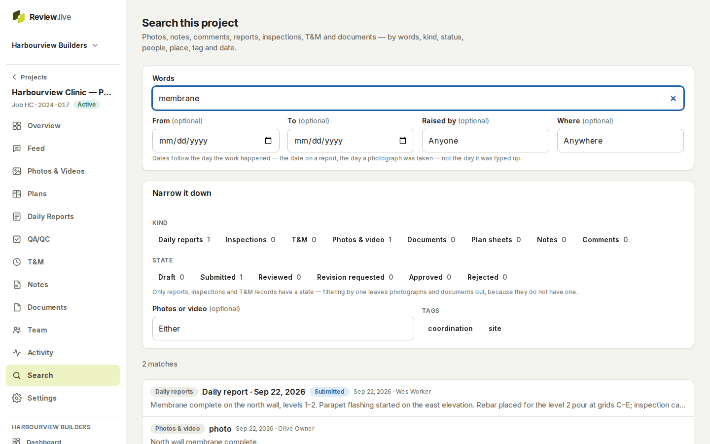 Search this project on a desktop: the words field with 'membrane' typed, date, author and location filters, kind and state counts, and two matching records below.