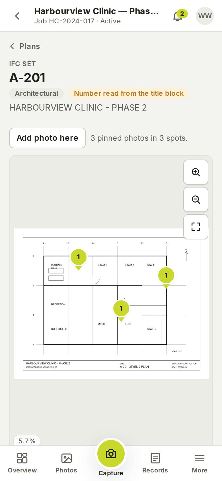 A plan sheet on a phone: A-201, 'Number read from the title block', the Add photo here button, '3 pinned photos in 3 spots', and the drawing with its pins.