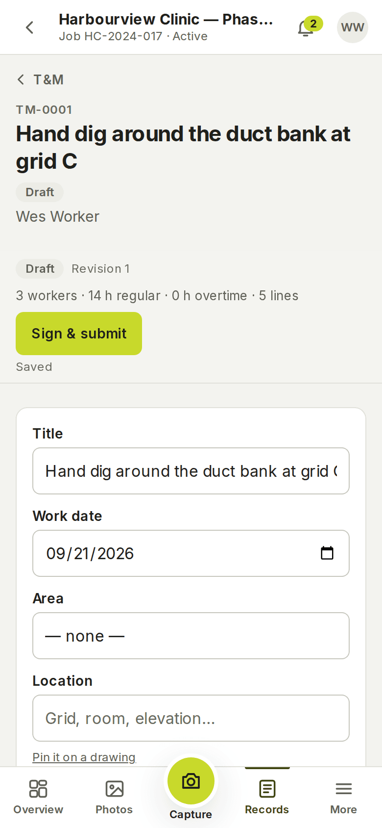 The same T&M ticket on a phone: the number and title, Draft status, the tally, the Sign & submit button, and the form fields below.